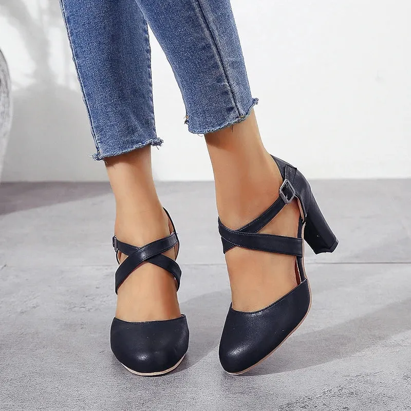 Retro High Heel Ankle Belt Buckle Pumps Women's Shoes