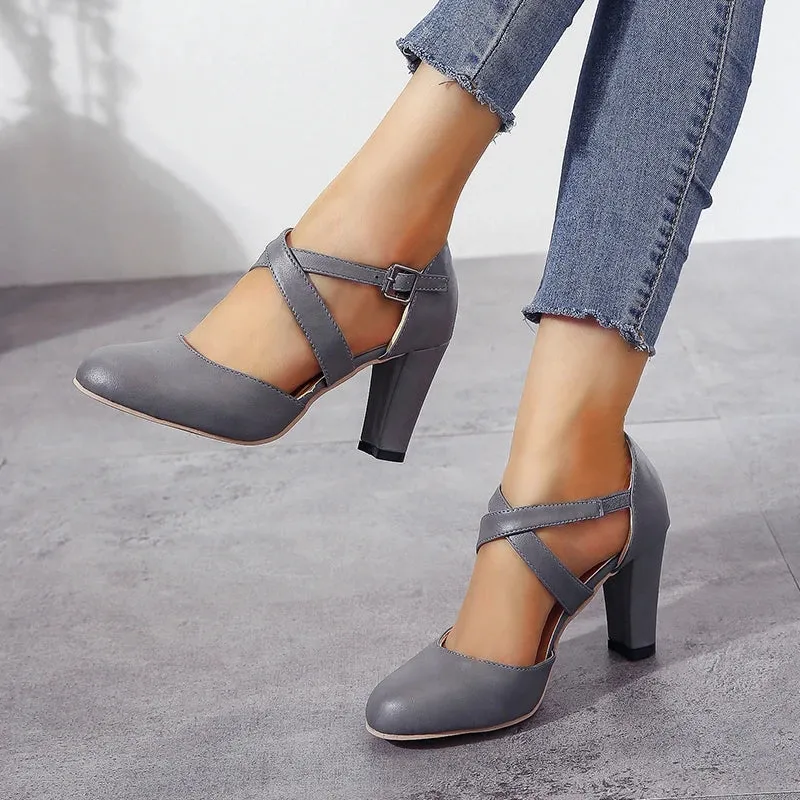 Retro High Heel Ankle Belt Buckle Pumps Women's Shoes