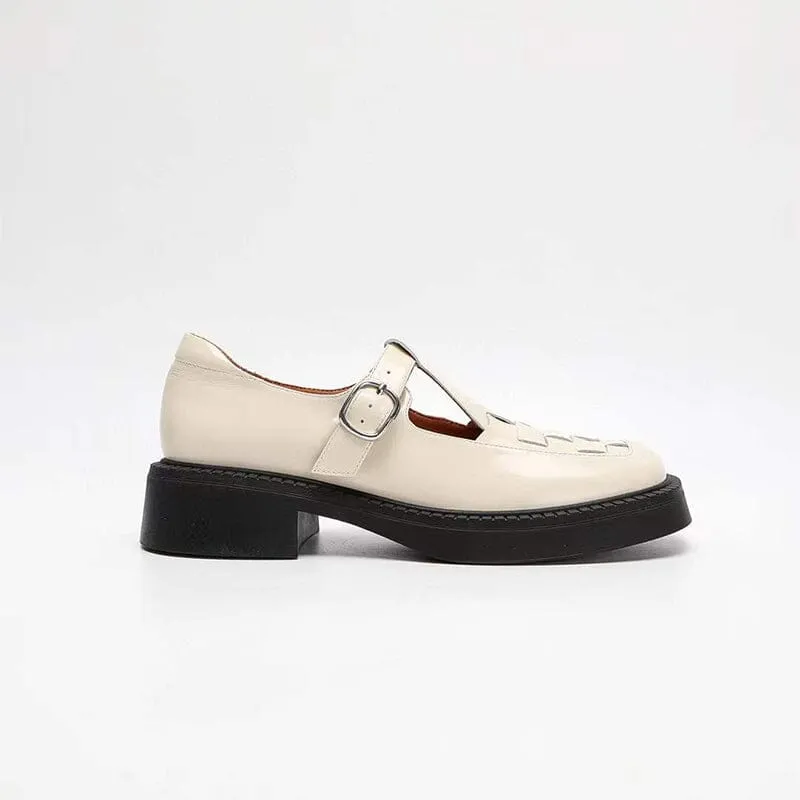 Retro Woven Leather Platform Mary Jane Shoes In White/Black