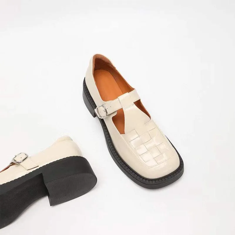 Retro Woven Leather Platform Mary Jane Shoes In White/Black