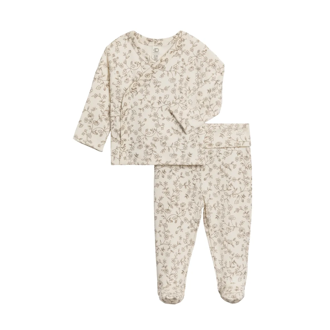 Riley Organic Kimono Wrap Top and Footed Pant Set - Pip Floral   Ivory