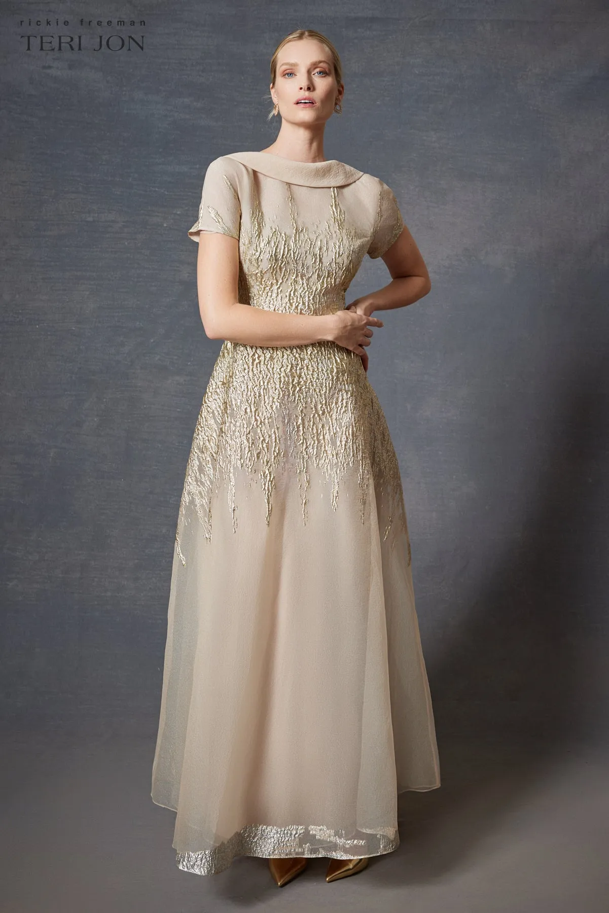 Roll Neck Cap Sleeve Metallic Organza Jacquard Gown