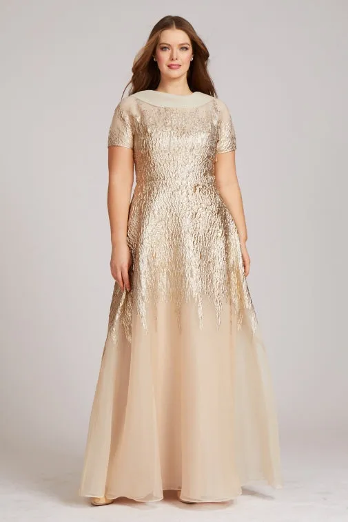 Roll Neck Cap Sleeve Metallic Organza Jacquard Gown