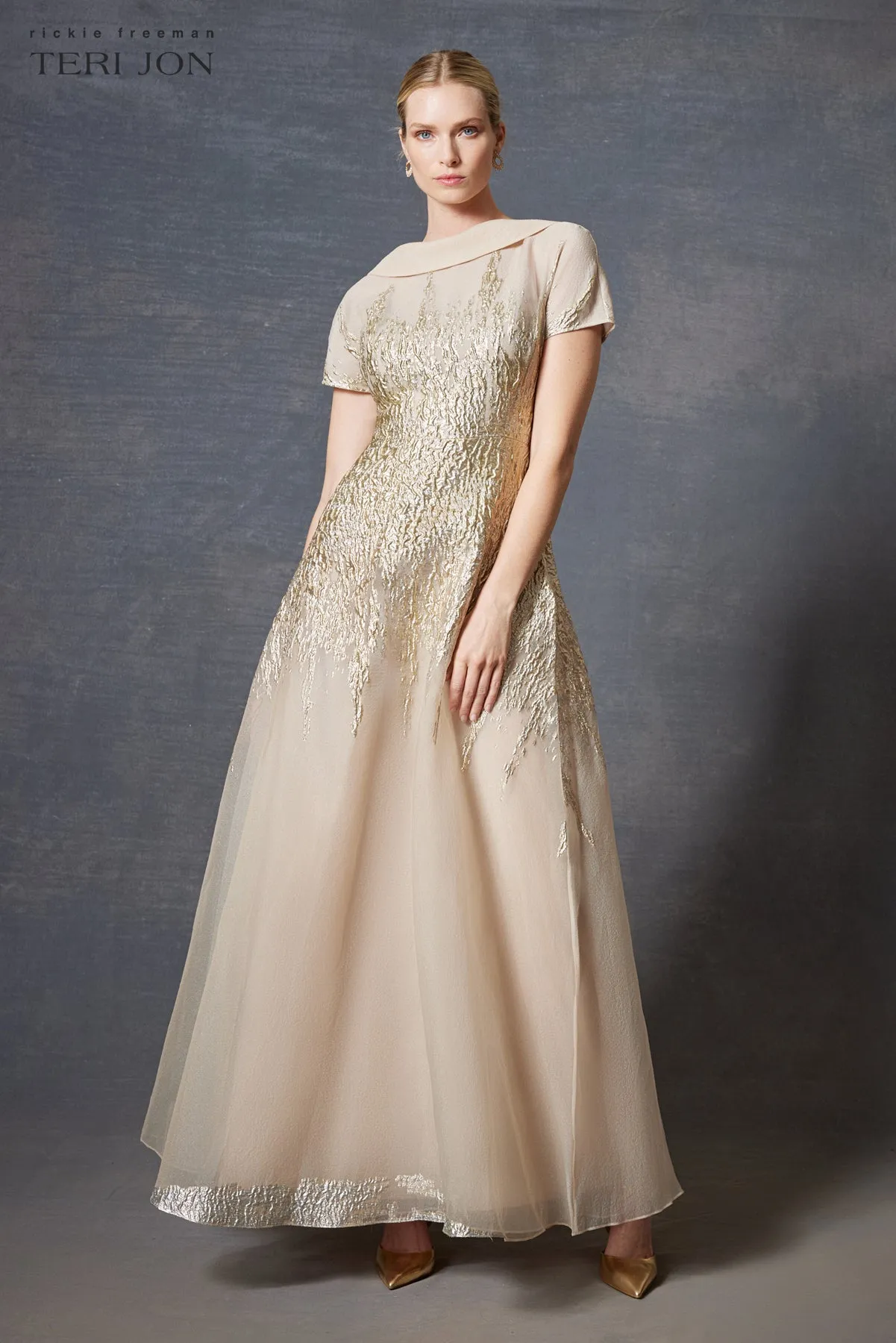 Roll Neck Cap Sleeve Metallic Organza Jacquard Gown