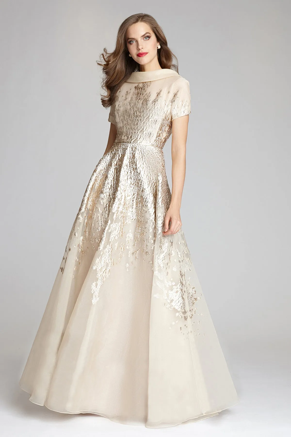 Roll Neck Cap Sleeve Metallic Organza Jacquard Gown