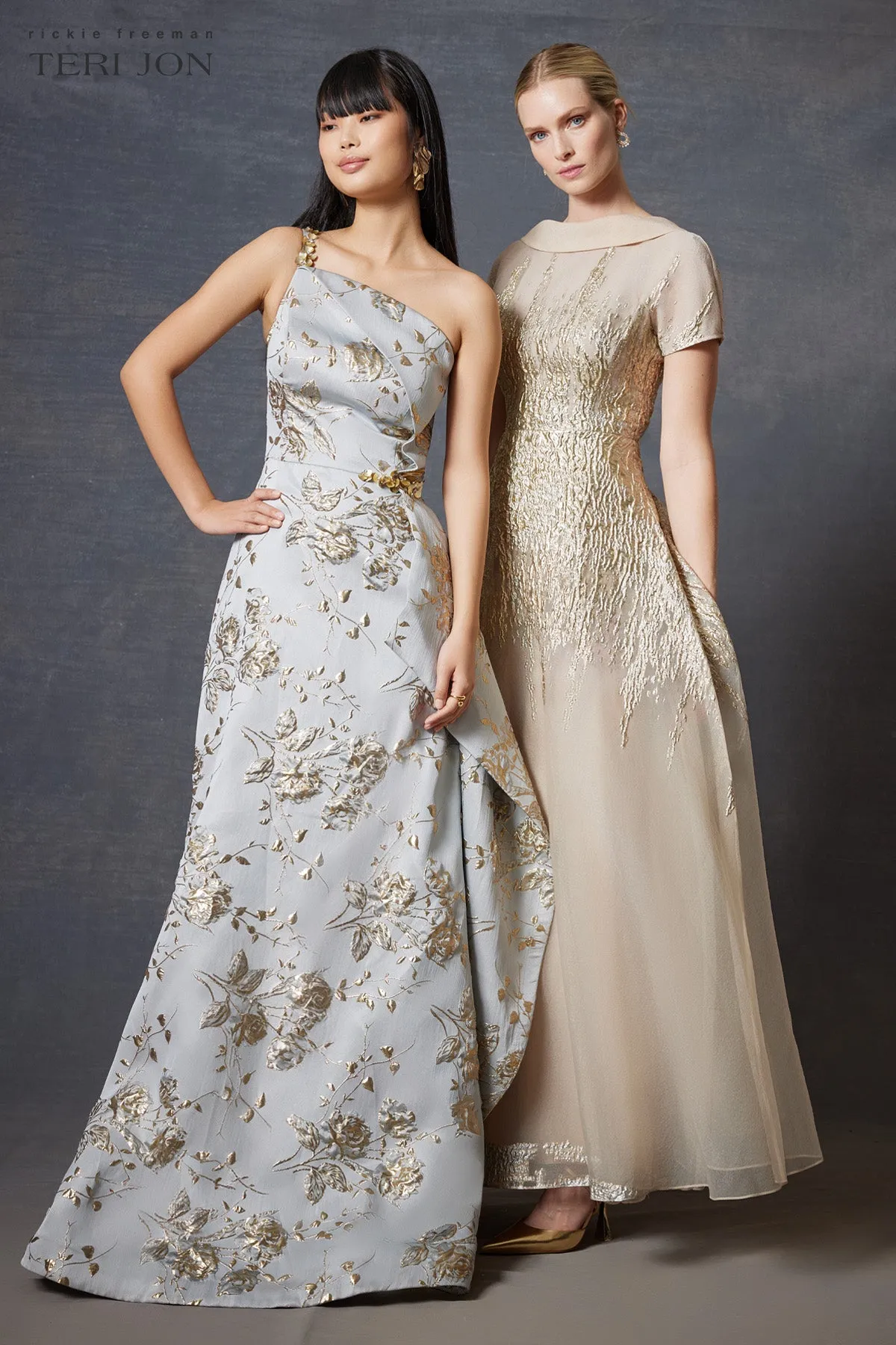 Roll Neck Cap Sleeve Metallic Organza Jacquard Gown