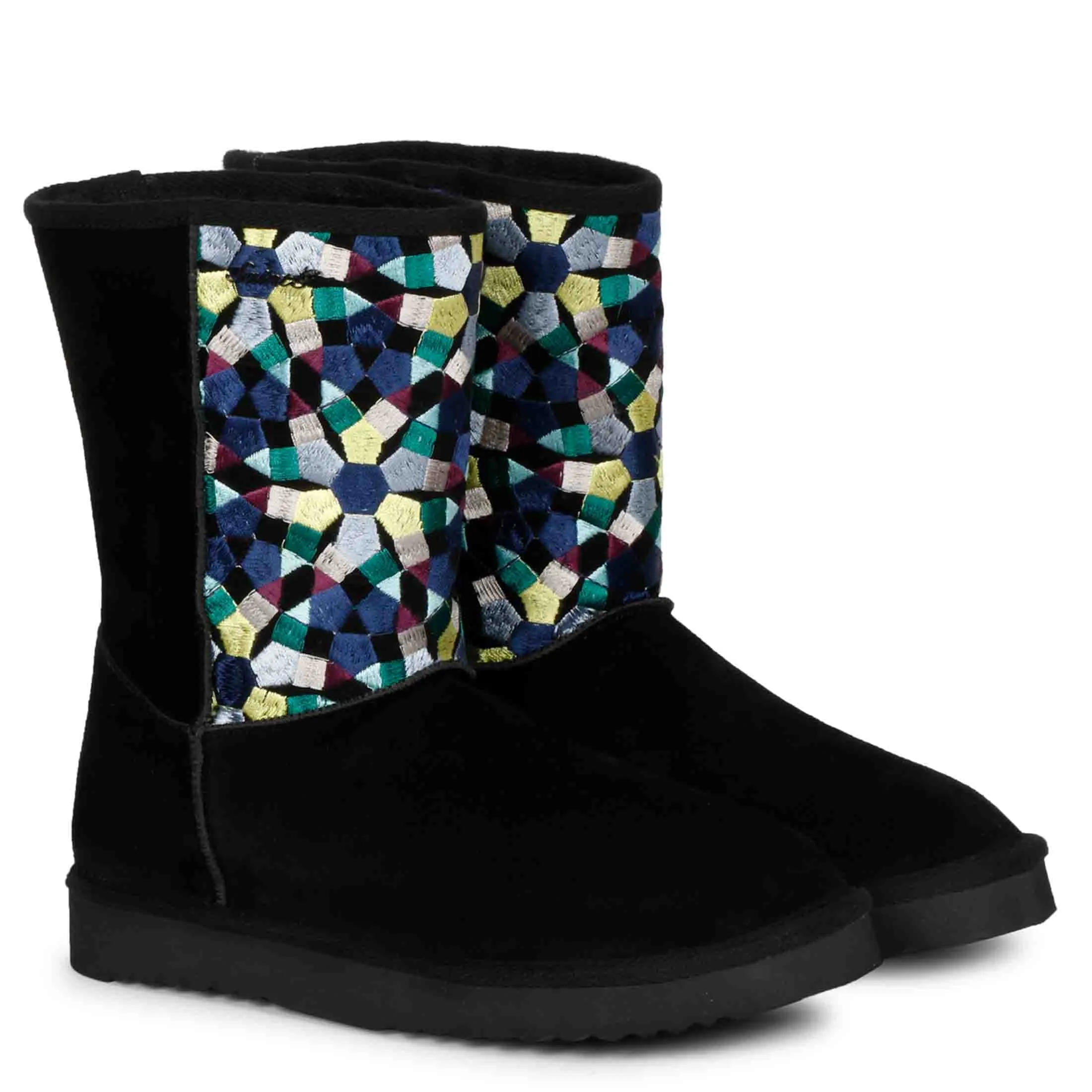 Saint Benito Multi Embroidered Black Suede Snug Boots