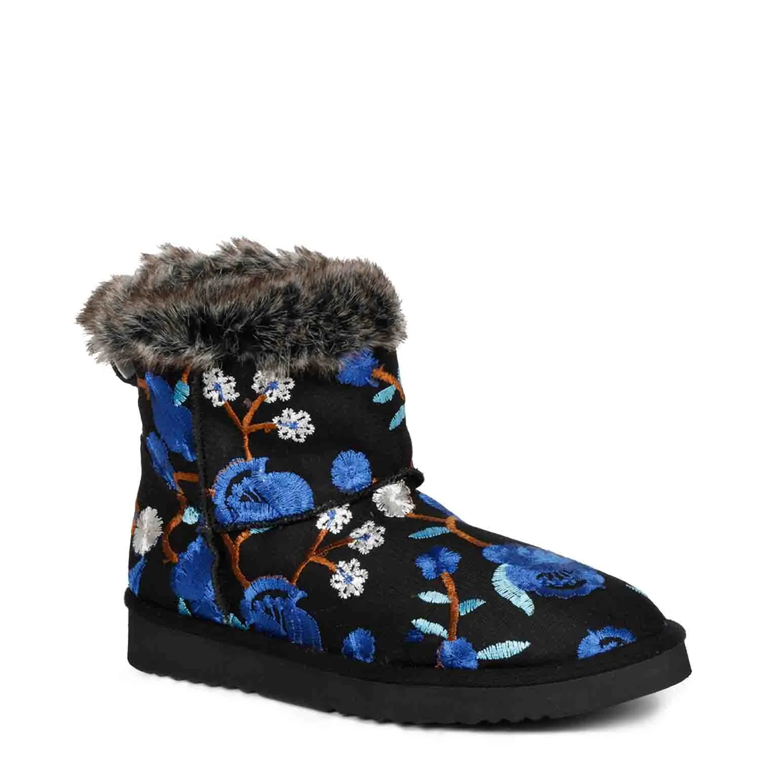 Saint Clarisse Blue Floral Embroidered Suede Leather Snug Boots