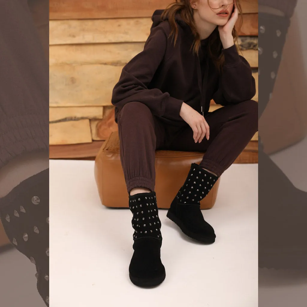 Saint Estrella Metal Studded Black Suede Snug Boots