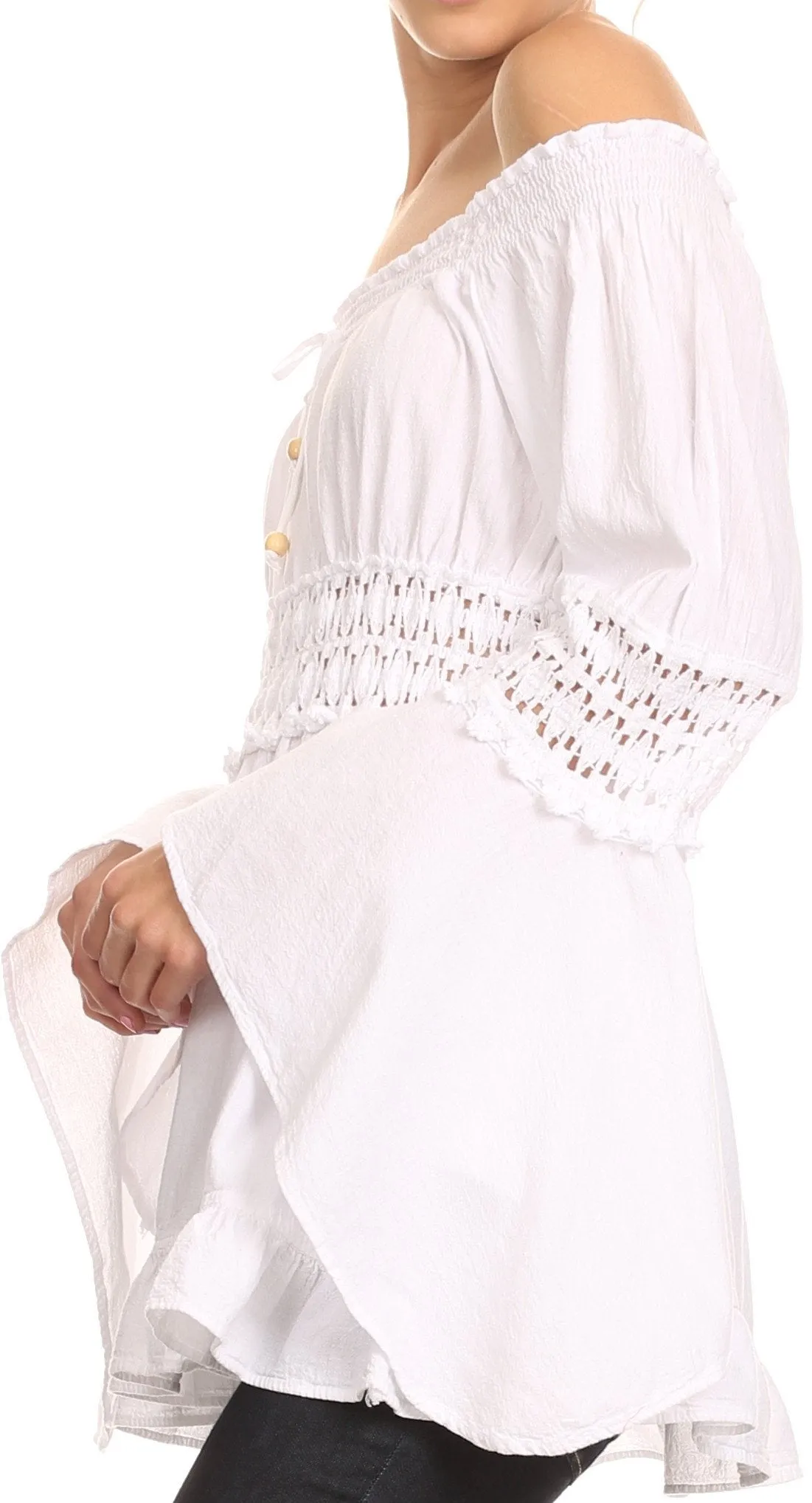 Sakkas Malea Crinkle Crochet Embroidered Long Tall Semi Opaque Blouse Shirt Top