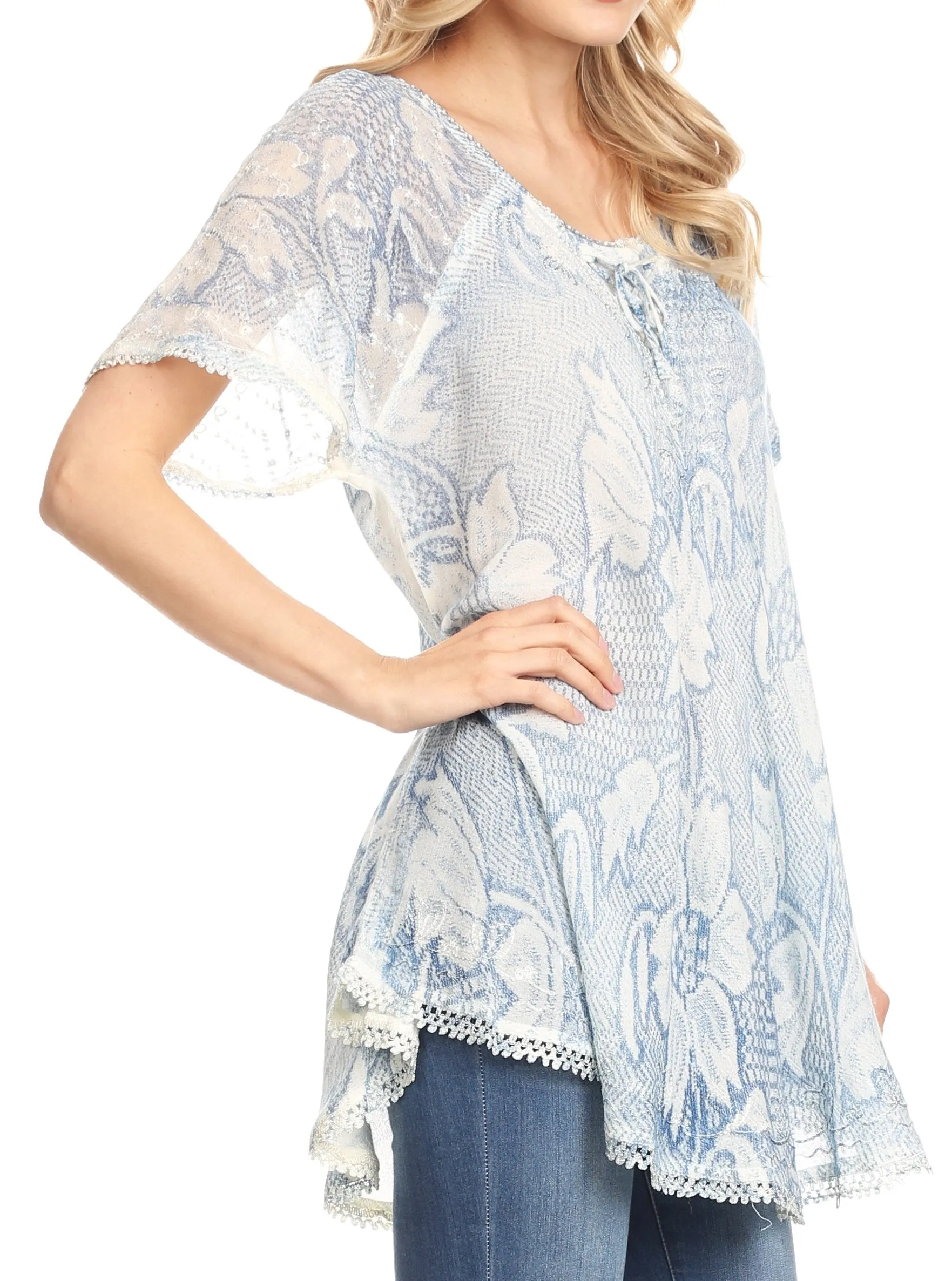 Sakkas Maliky Wide Corset Neck Floral Embroidered Cap Sleeve Blouse Top Shirt