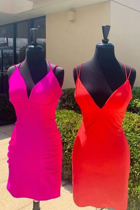 Sexy Spaghetti Straps V-neck Satin Short Prom Dresses, Homecoming Dresses