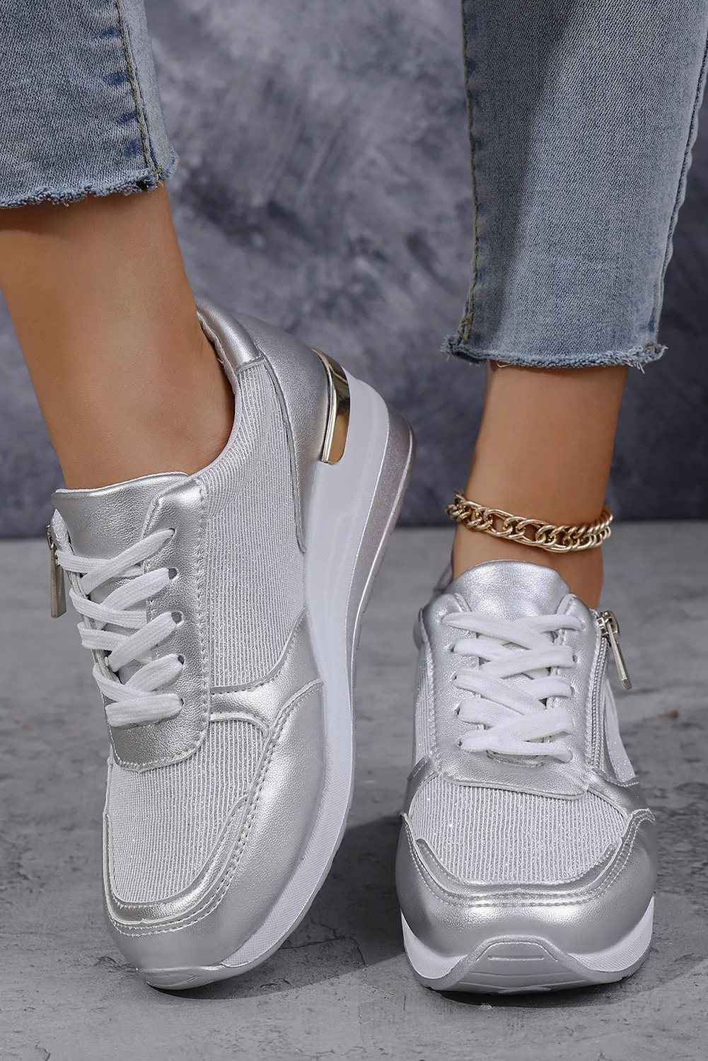 Silvery PU Leather Patchwork Zipper Lace-up Sneakers