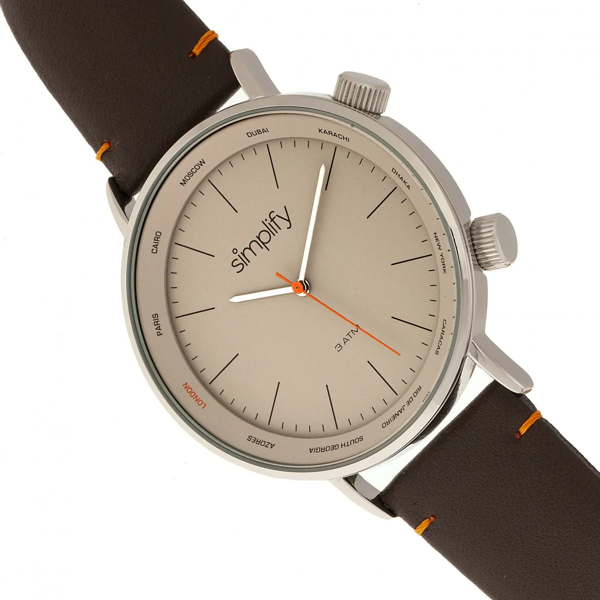 Simplify The 3300 Leather-Band Watch - Dark Brown/Grey