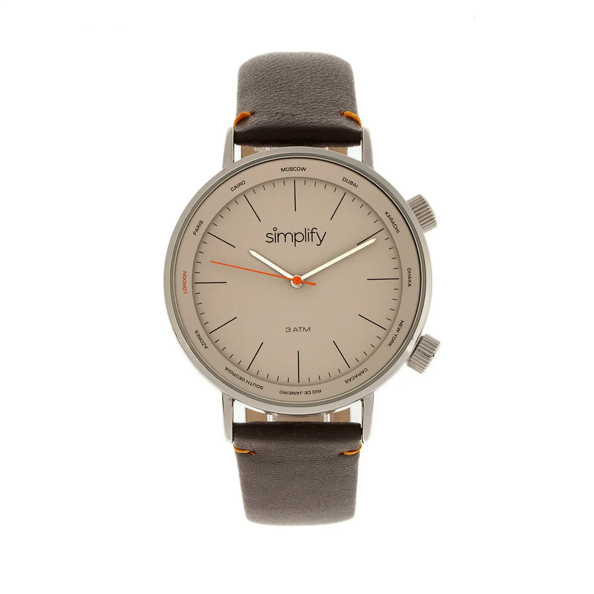 Simplify The 3300 Leather-Band Watch - Dark Brown/Grey