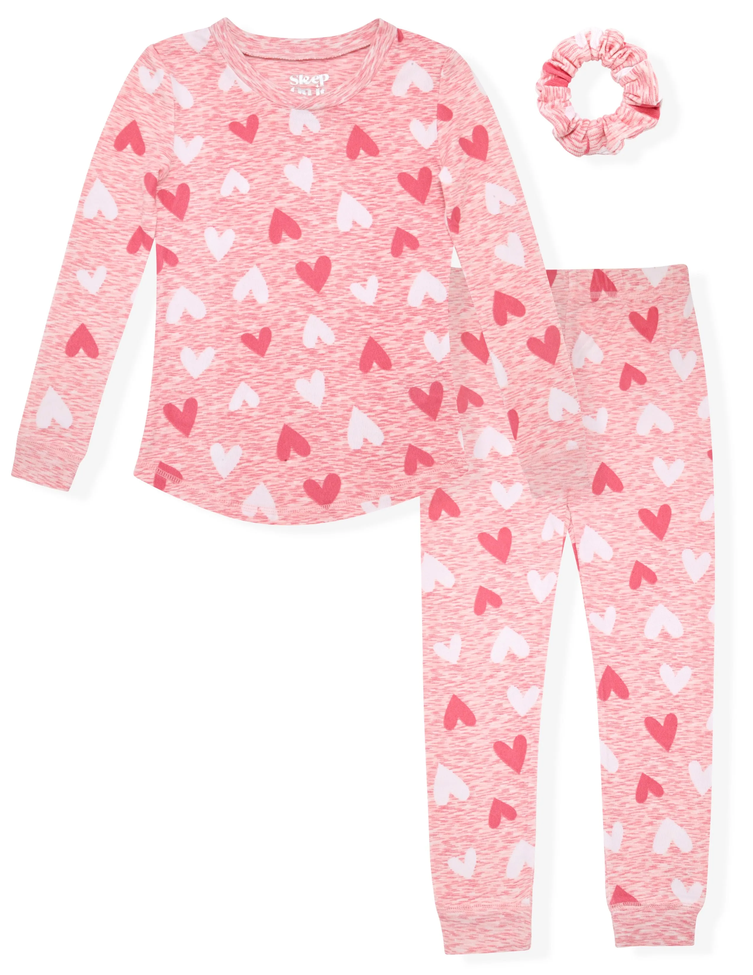 Sleep On It Girls 2-Piece Super Soft Jersey Long Sleeve Snug-Fit Pajama Set for Toddlers & Girls with Scrunchie - Hearts