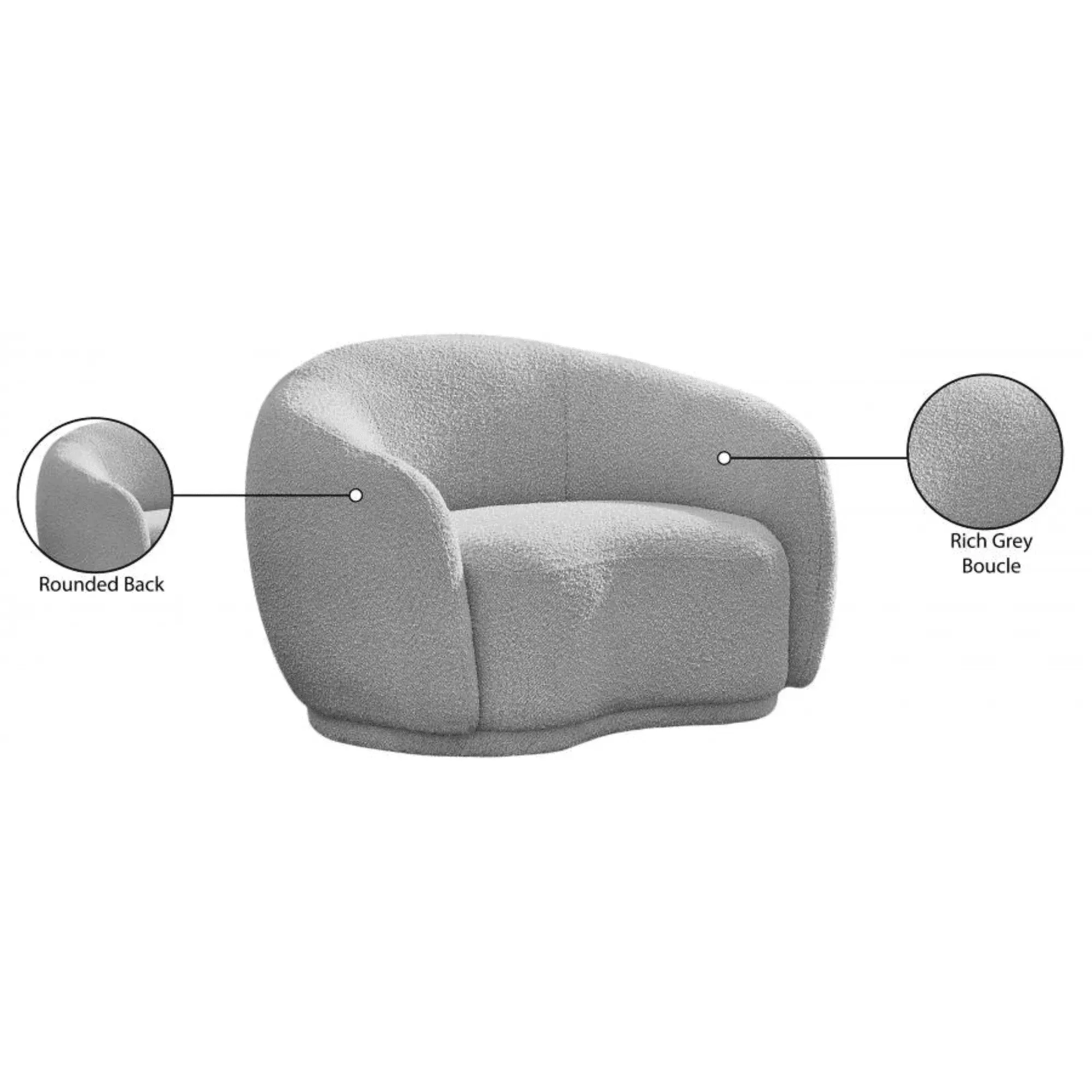 Snug Rounded Back Rich Grey Modern Boucle Sofa