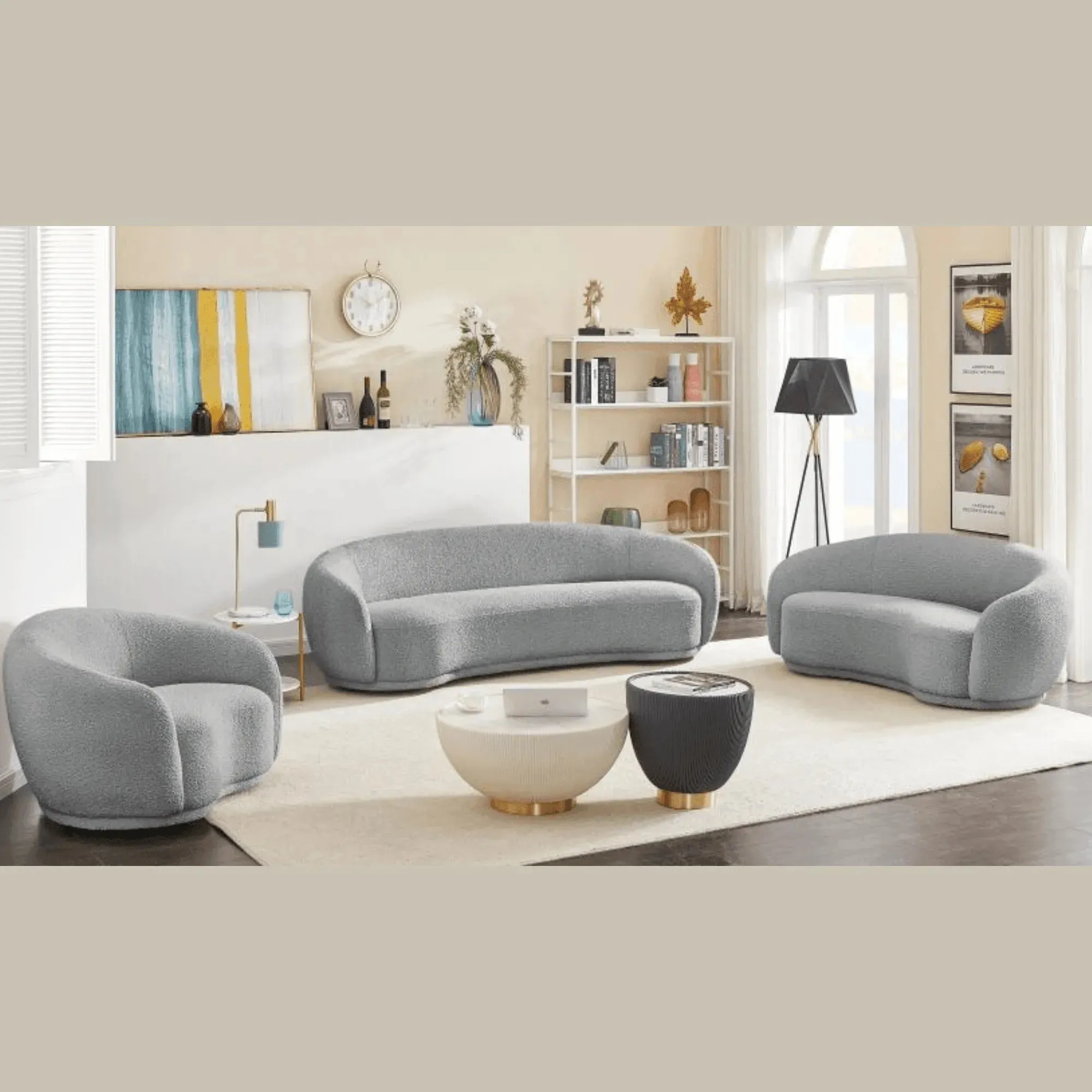 Snug Rounded Back Rich Grey Modern Boucle Sofa