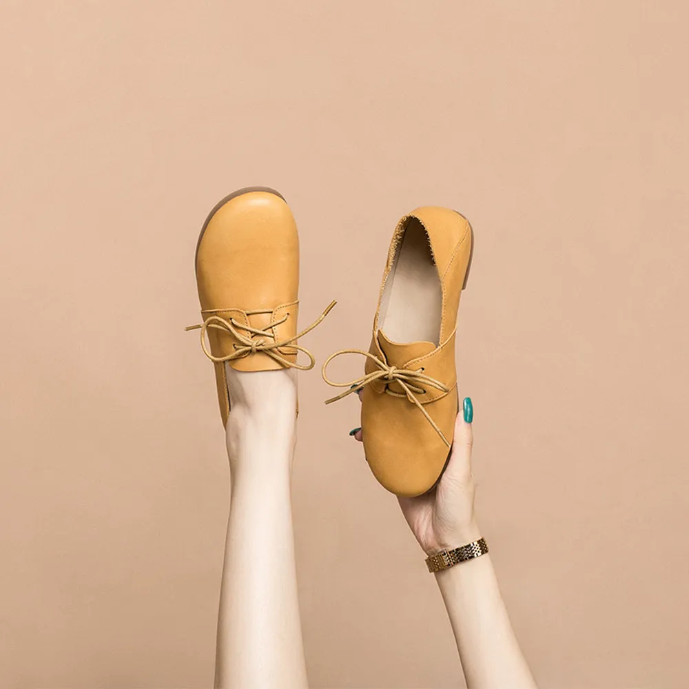 Soft Leather Lace Up Flats Women Yellow/White/Pink