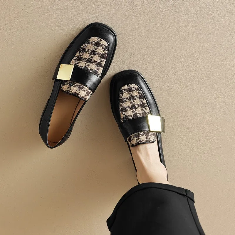 Soft Leather Loafers for Women with Metal Color Blocking in Black/Brown