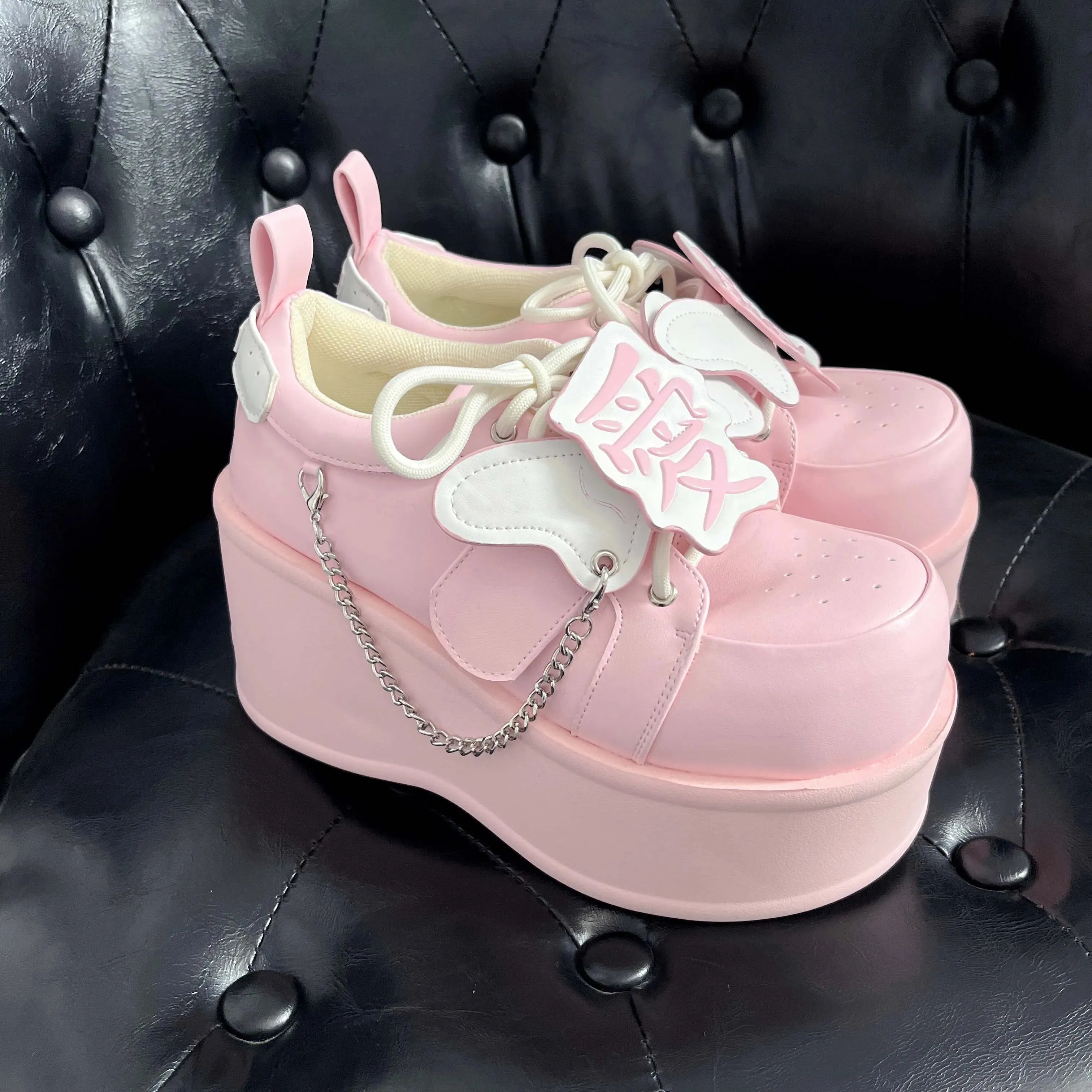 Sohiwoo Original Water Color System Pink Medical Department Sweet Cool Platform Shoes Girl Female Y2K Chunky Heel Leather Shoes Pumps