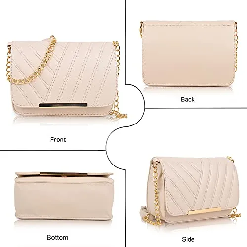 SPOTIC Women's PU Synthetic Leather Stylish Fancy Chain Strap Crossbody Sling Bag (Cream)