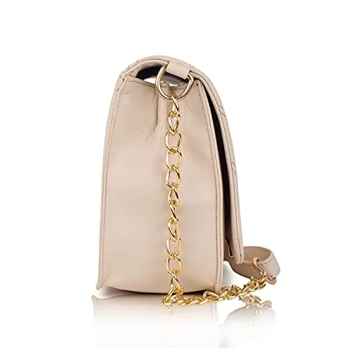 SPOTIC Women's PU Synthetic Leather Stylish Fancy Chain Strap Crossbody Sling Bag (Cream)