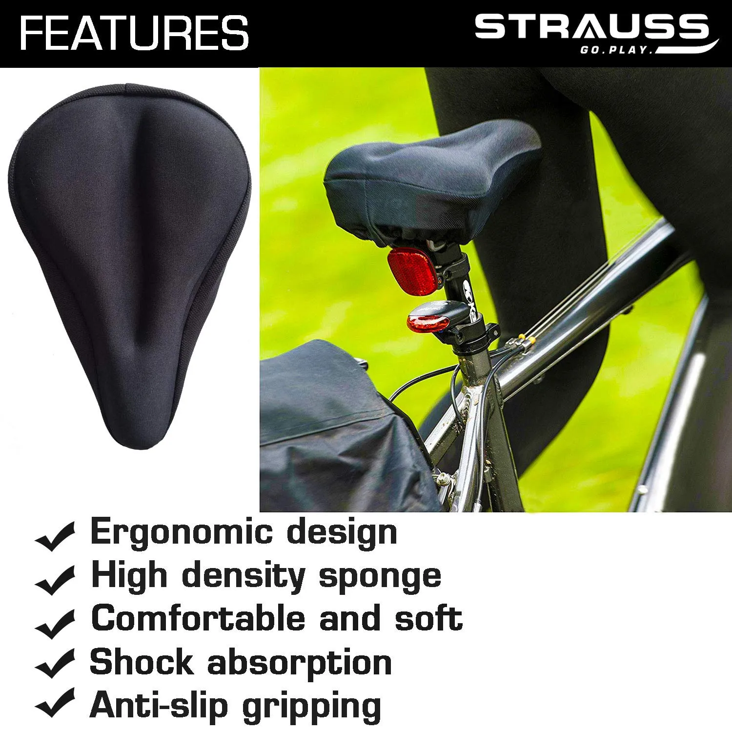 Strauss Bicycle Speedometer, (Black/Red) and Gel Seat Cover (Black)