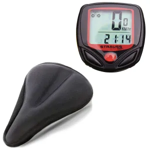 Strauss Bicycle Speedometer, (Black/Red) and Gel Seat Cover (Black)