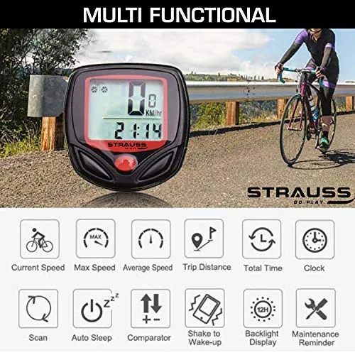 Strauss Bicycle Speedometer, (Black/Red) and Gel Seat Cover (Black)