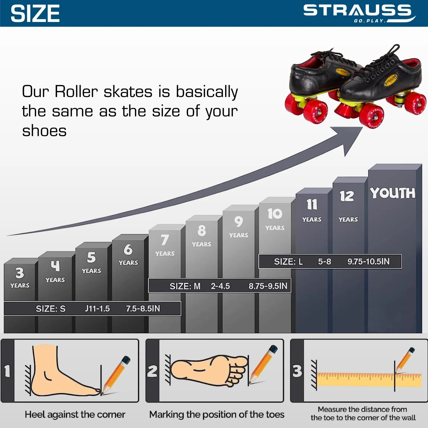 STRAUSS Gripper Skating Shoes | Fixed Body Roller Skates | Shoe Skate with PVC Wheel |Ideal for Boys, Girls and Kids |Suitable for All Skill Level | Ideal for Junior (12-13 Years) Size-5, (Red/Black)