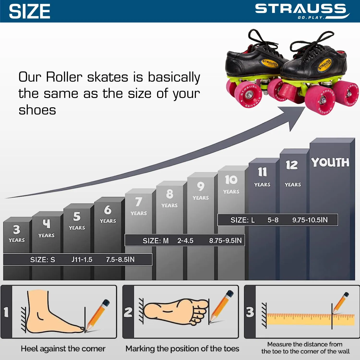 STRAUSS Gripper Skating Shoes | Fixed Body Roller Skates | Shoe Skate With Rubber Wheel |Ideal For Boys, Girls and Kids |Suitable For All Skill Level | Ideal For Junior (12-13 Years) ,Size-5, (Red/Black)