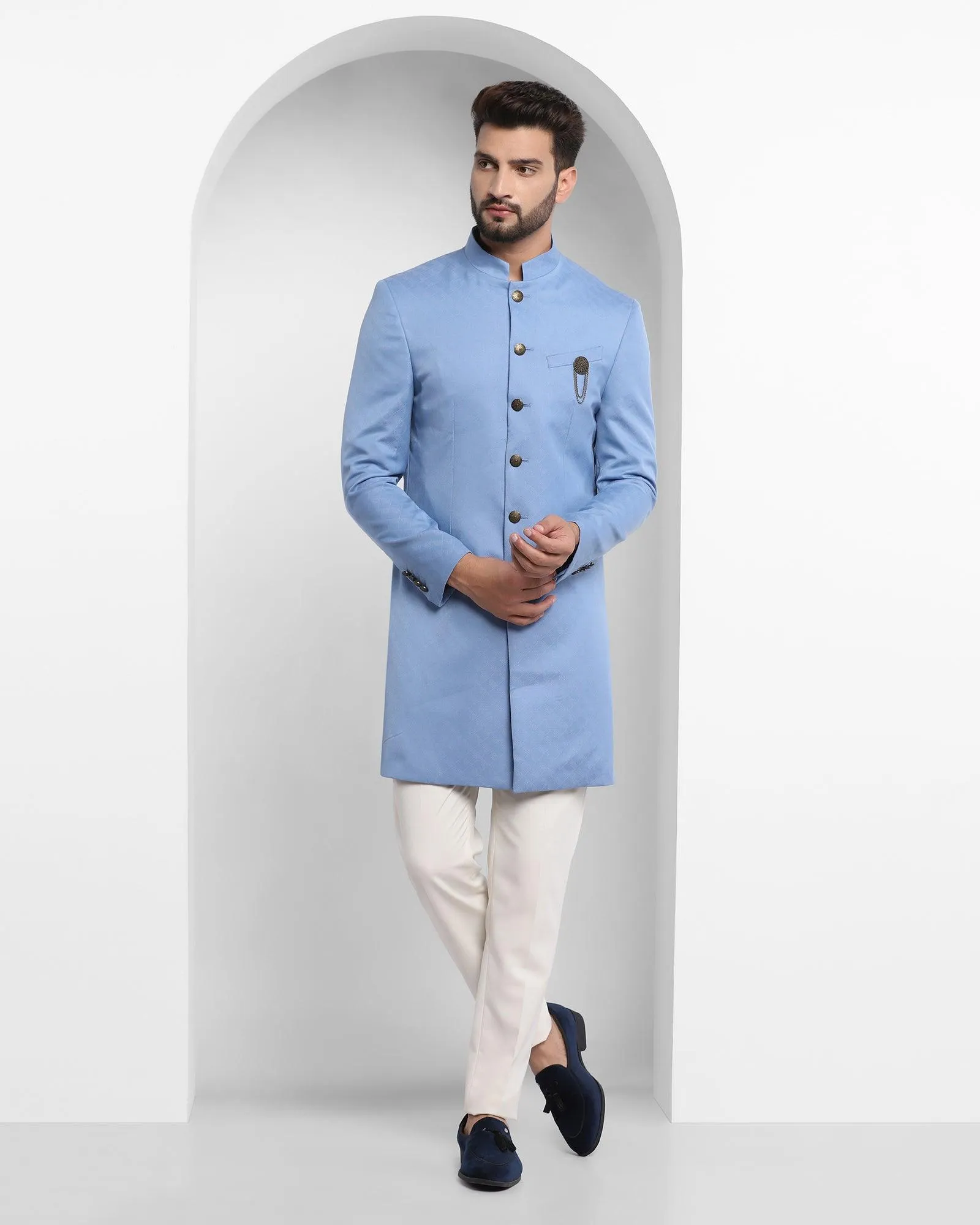 Swarn Two Piece Blue Printed Achkan Set - Flexor