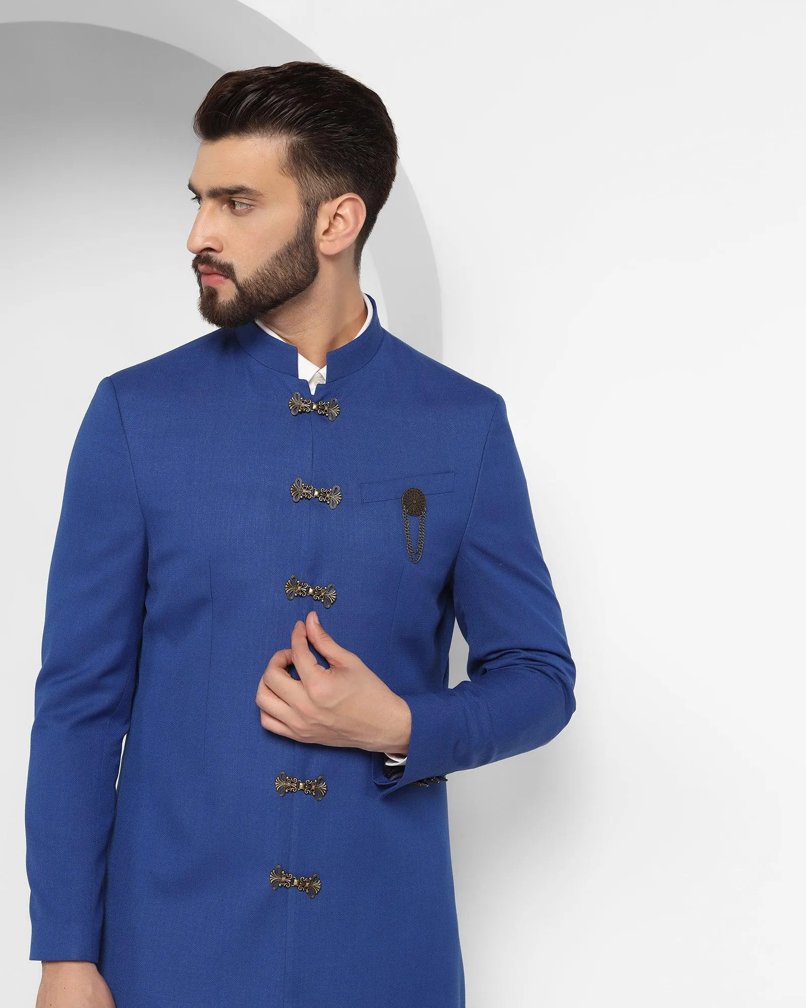 Swarn Two Piece Royal Blue Solid Achkan Set - Tentor