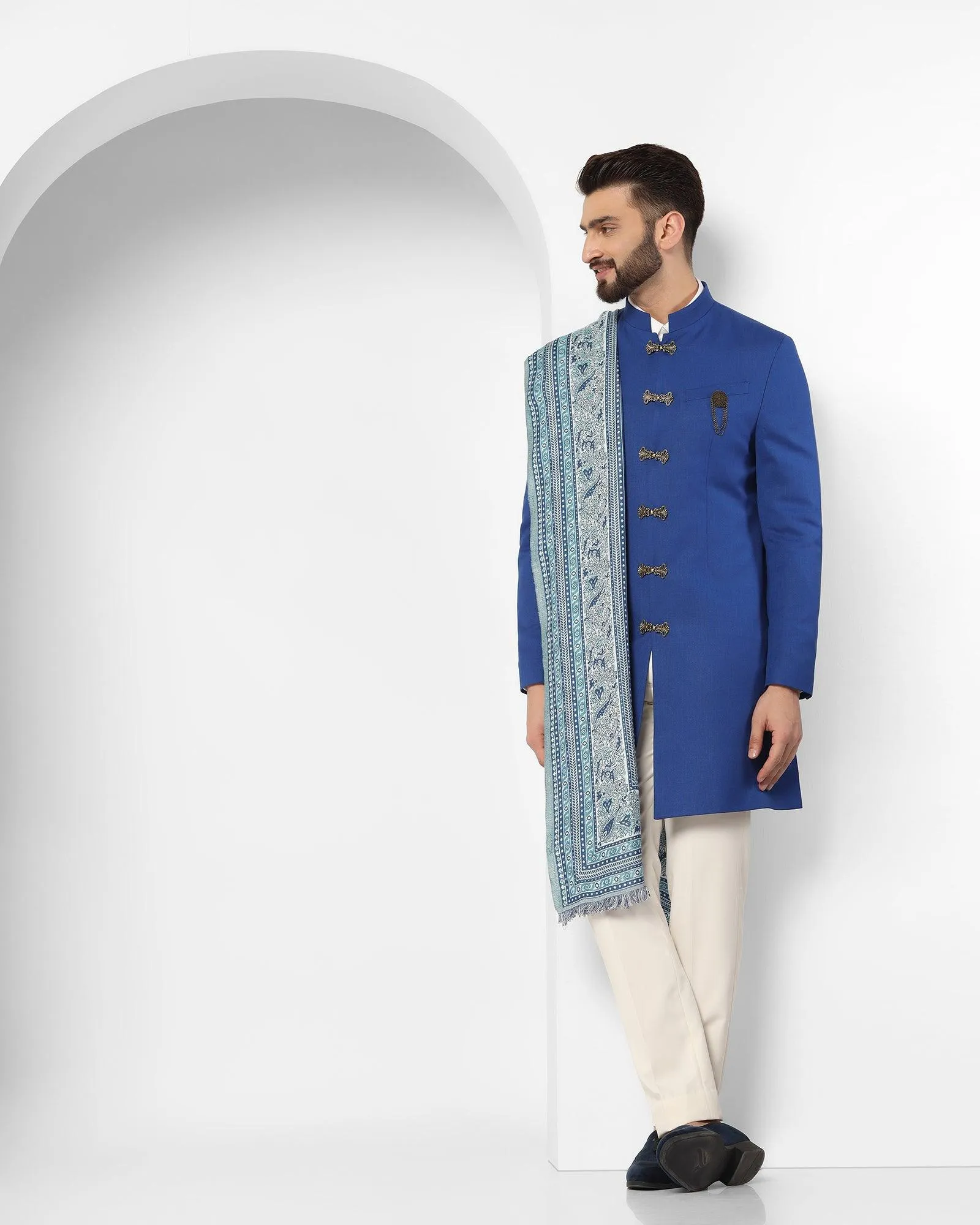 Swarn Two Piece Royal Blue Solid Achkan Set - Tentor