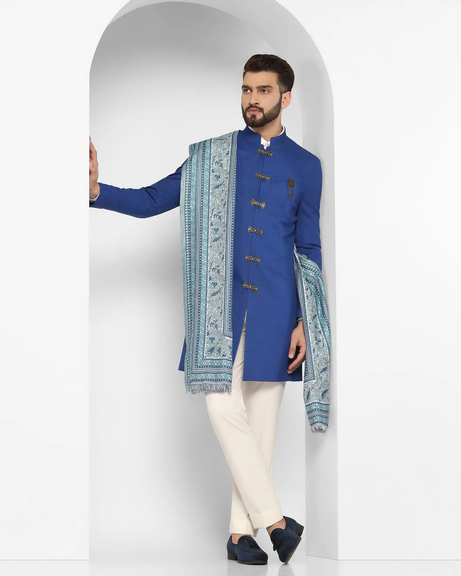 Swarn Two Piece Royal Blue Solid Achkan Set - Tentor