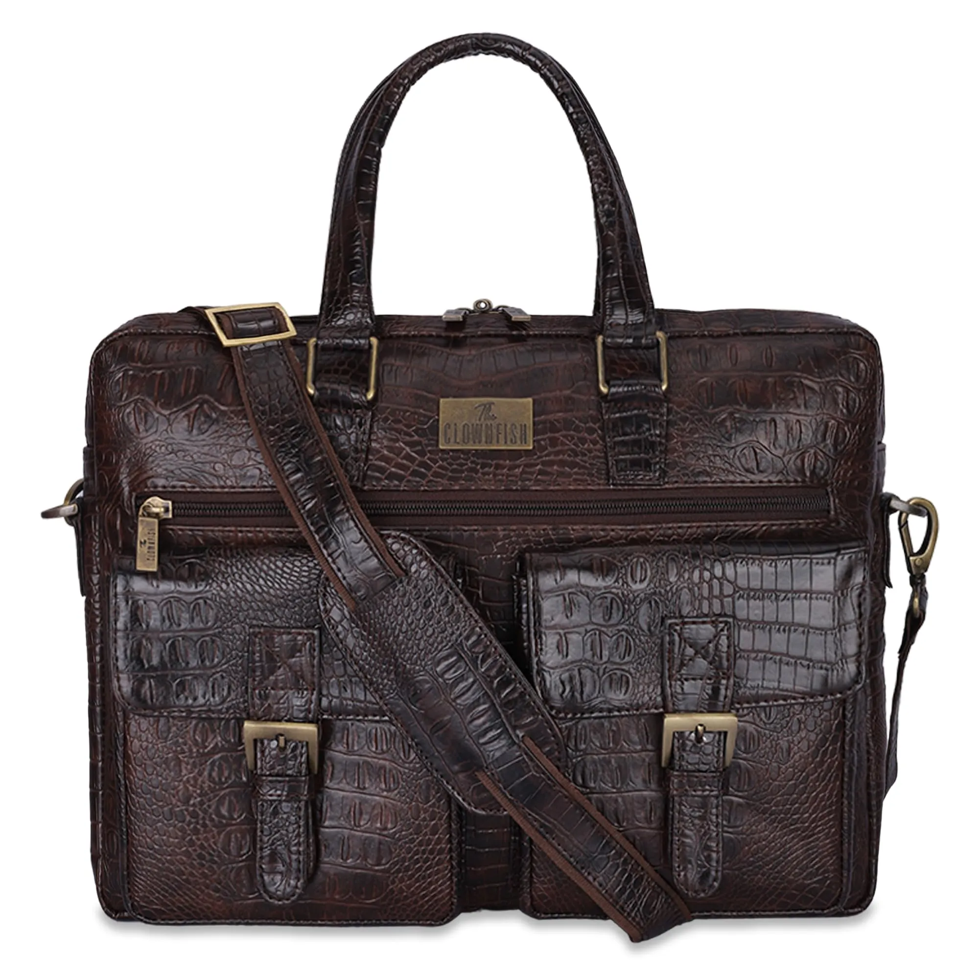 THE CLOWNFISH Dataguard Series Crocodile Finish Faux Leather 15.6 inch Laptop Messenger Bag Unisex Laptop Briefcase with Trolley Strap (Dark Brown)