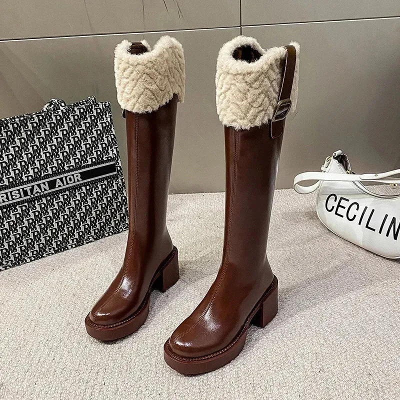 Trendy Knee High Square Heel  Belt Buckle  Boots