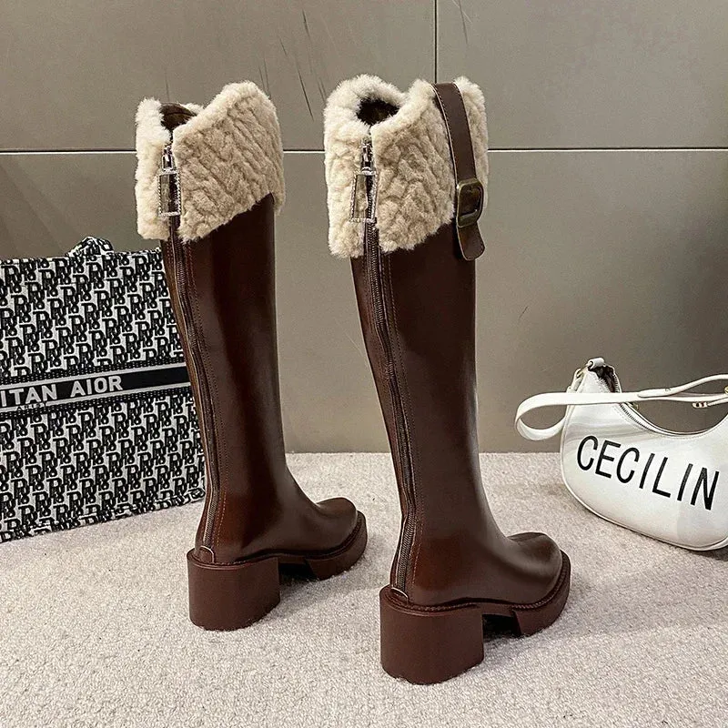 Trendy Knee High Square Heel  Belt Buckle  Boots