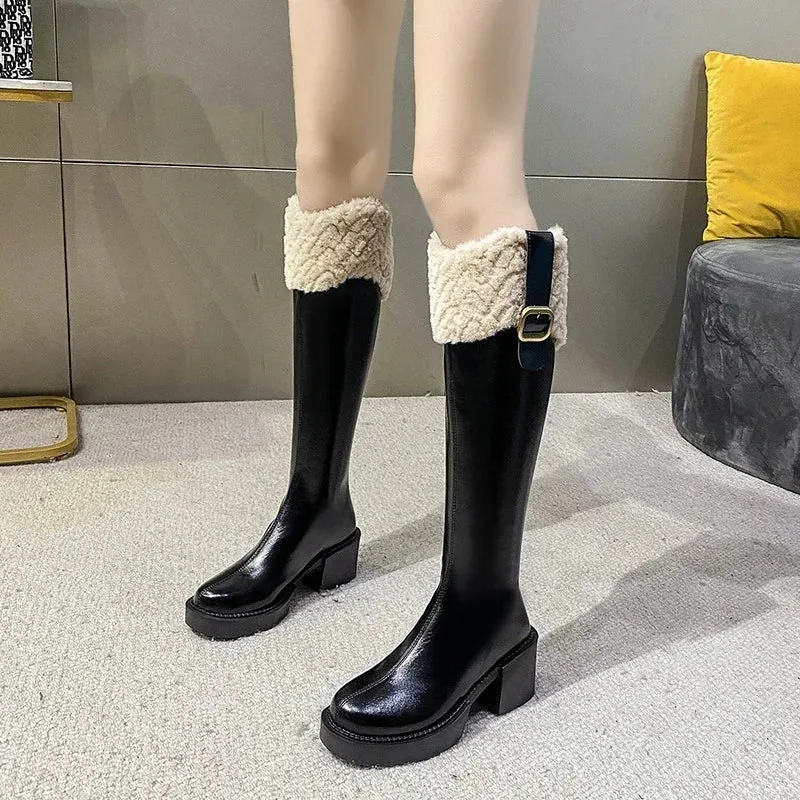 Trendy Knee High Square Heel  Belt Buckle  Boots