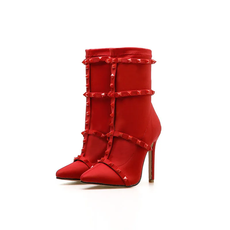 Unique Studs Strap Pointed Toe Stiletto Heel Mid Calf Boots - Red