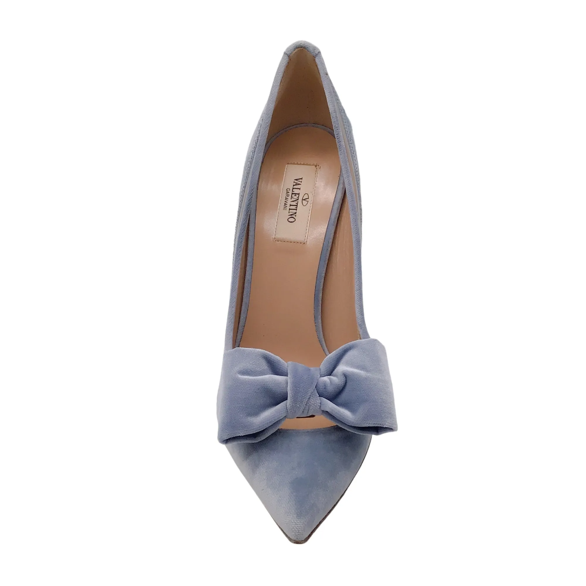 Valentino Light Blue Velvet and PVC Pointed Toe Dollybow Pumps