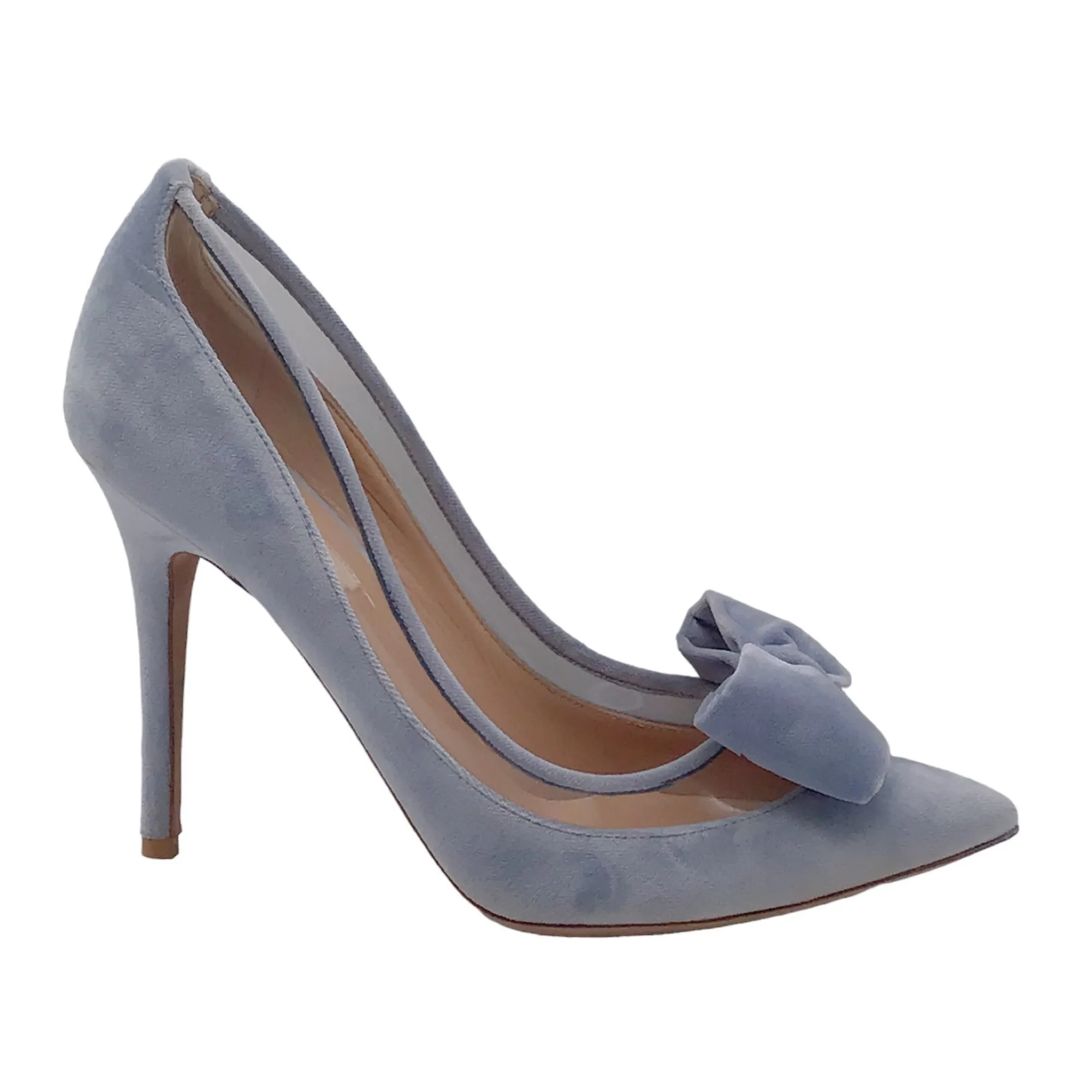 Valentino Light Blue Velvet and PVC Pointed Toe Dollybow Pumps