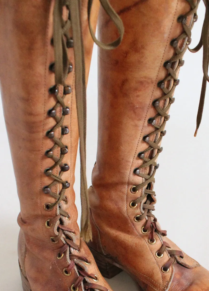 Vintage 1960s Tan Leather Lace Up Work Boots