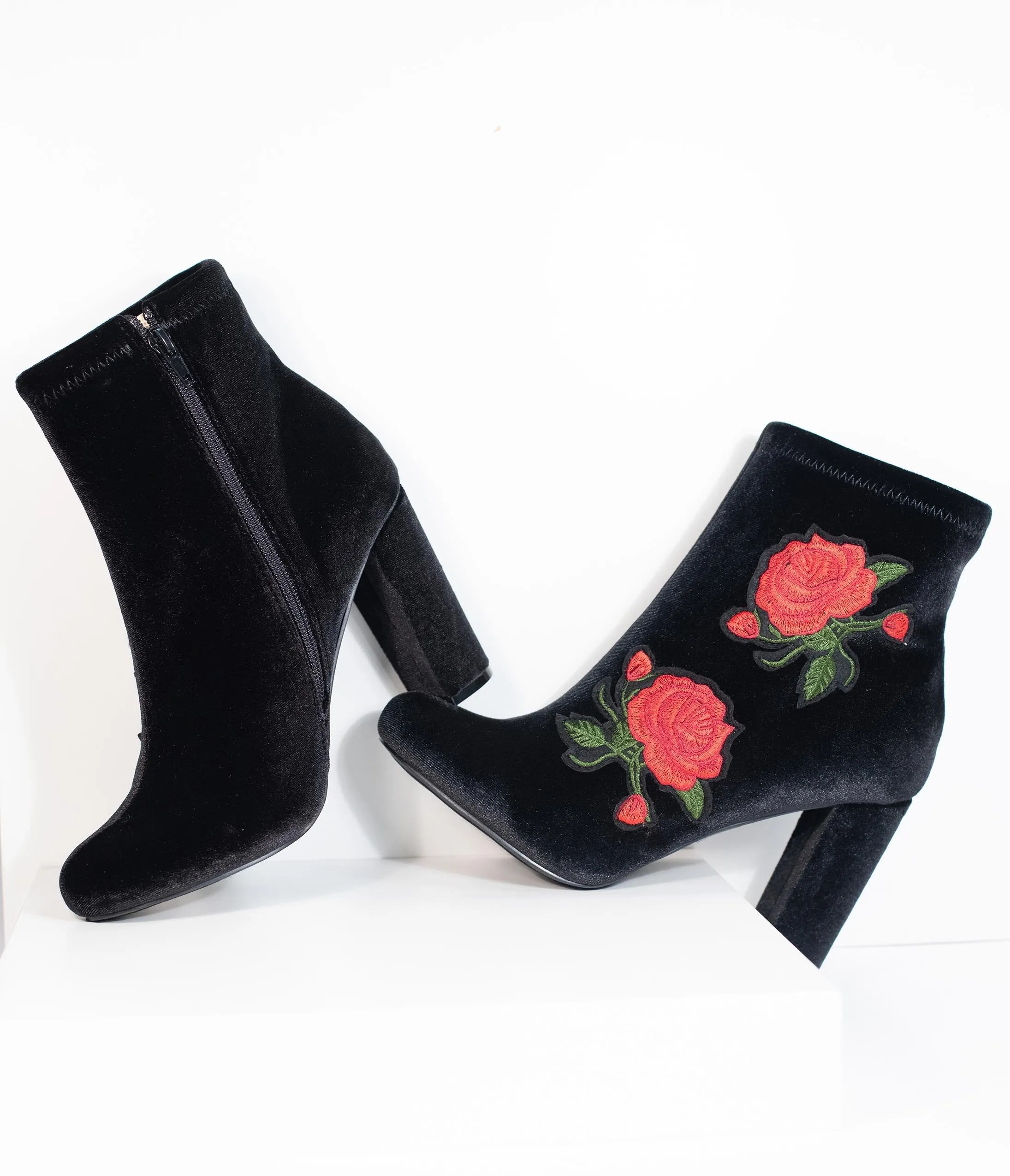 Vintage Style Black Velvet & Red Rose Embroidered Bootie