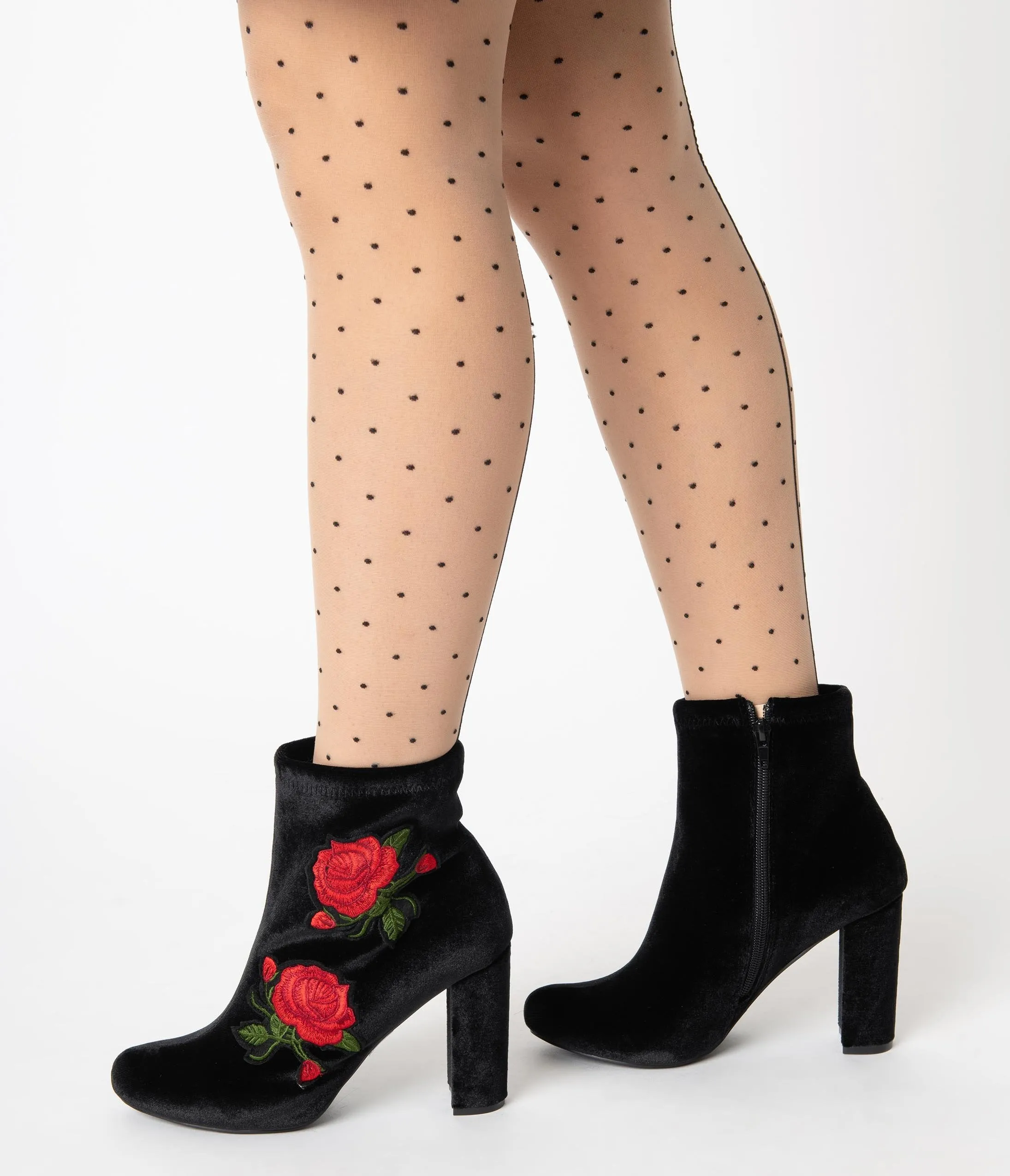 Vintage Style Black Velvet & Red Rose Embroidered Bootie