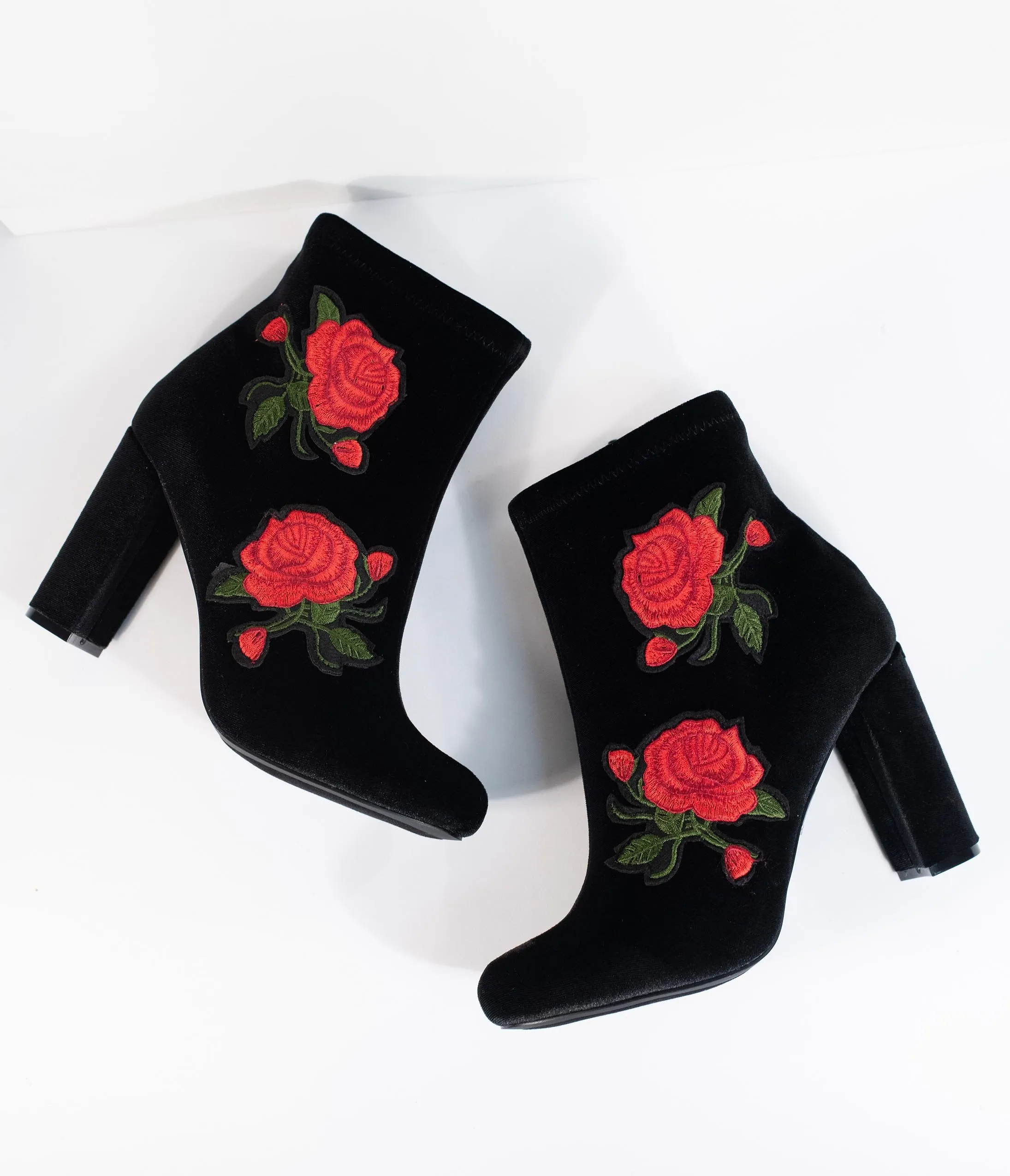 Vintage Style Black Velvet & Red Rose Embroidered Bootie