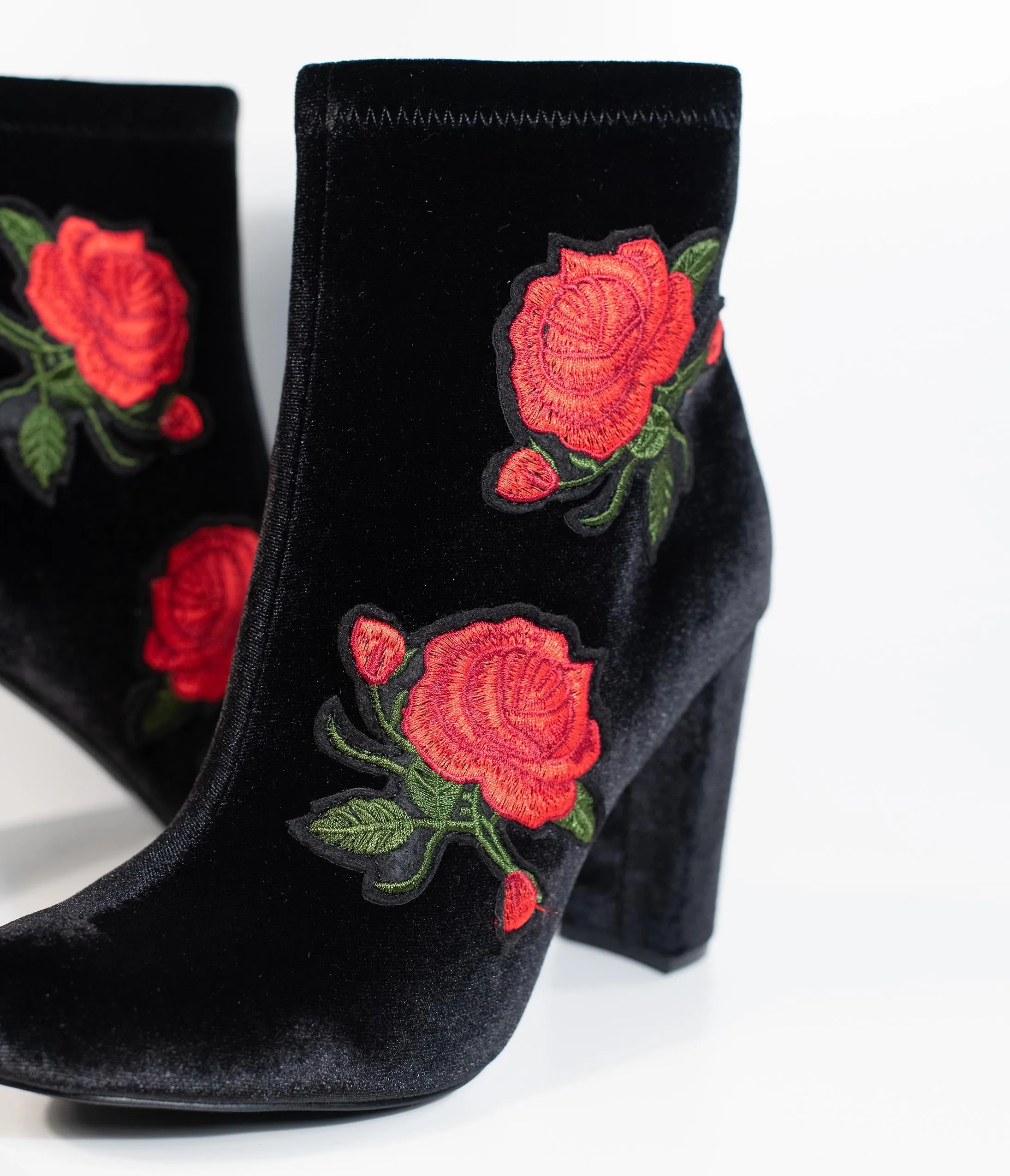 Vintage Style Black Velvet & Red Rose Embroidered Bootie