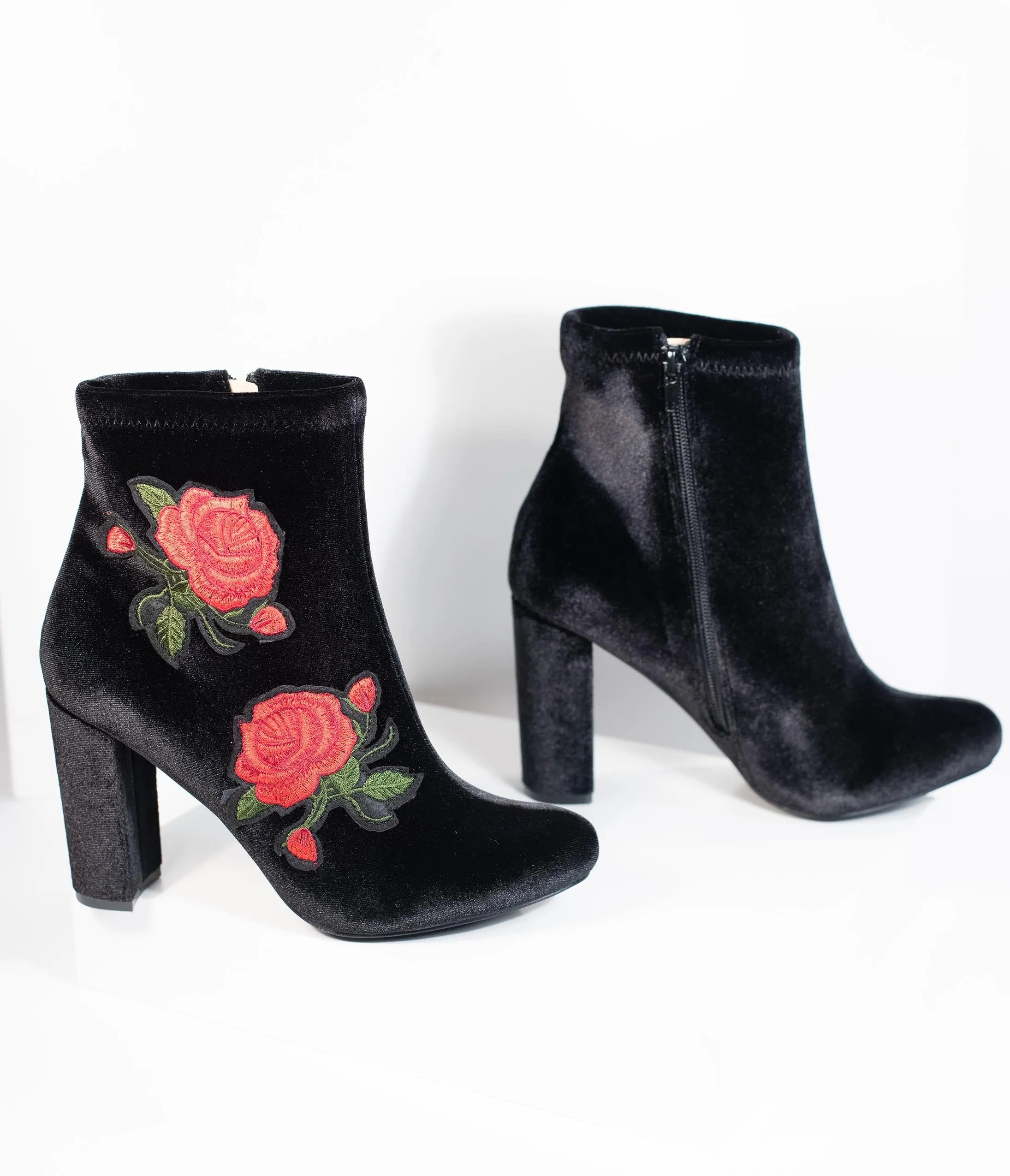 Vintage Style Black Velvet & Red Rose Embroidered Bootie