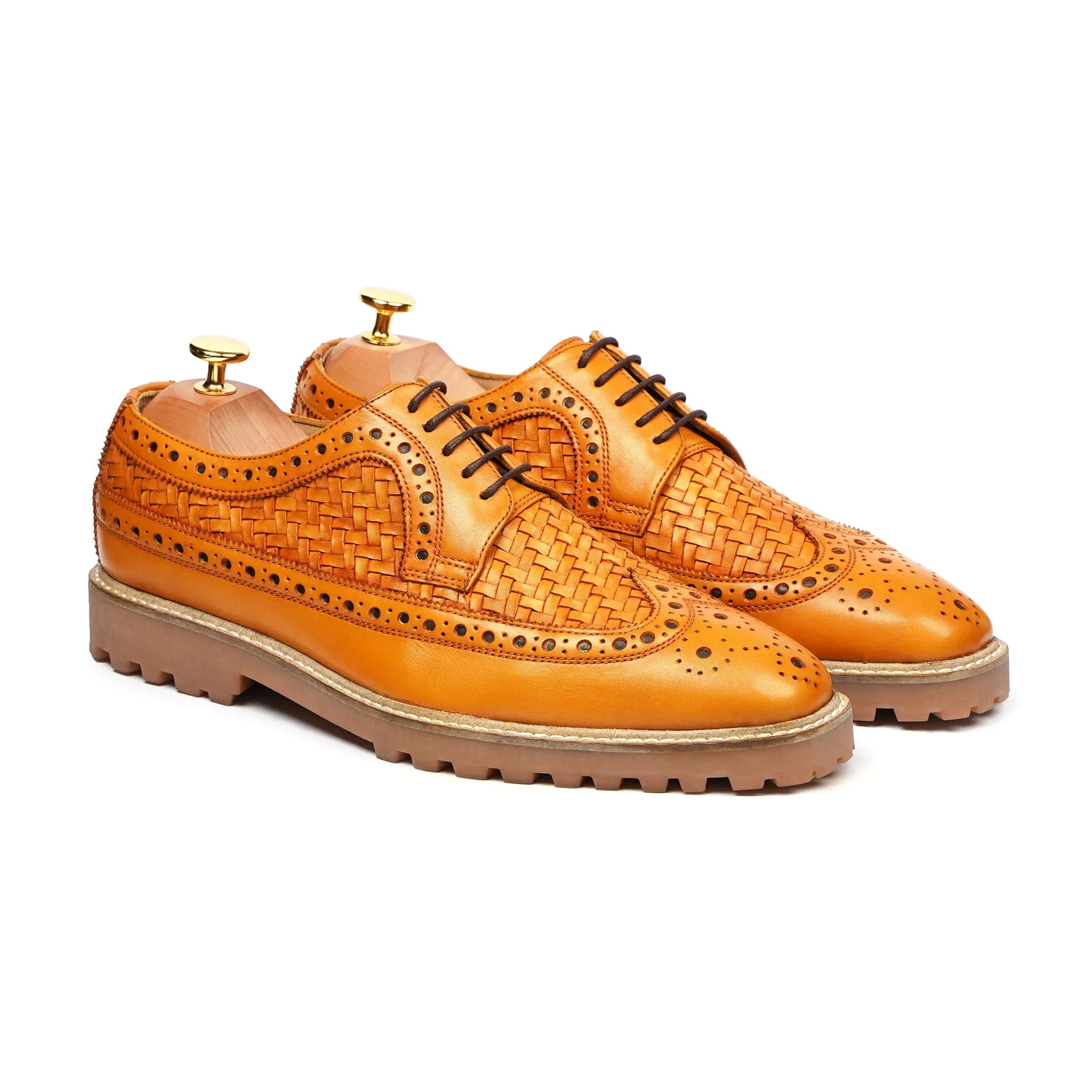 Wallcot - Men's Yellow Calf and Hand Woven Calf Leather Derby Shoe